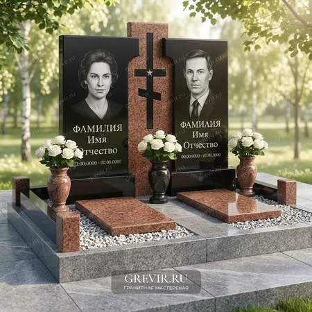 Памятник на двоих с портретами и крестом